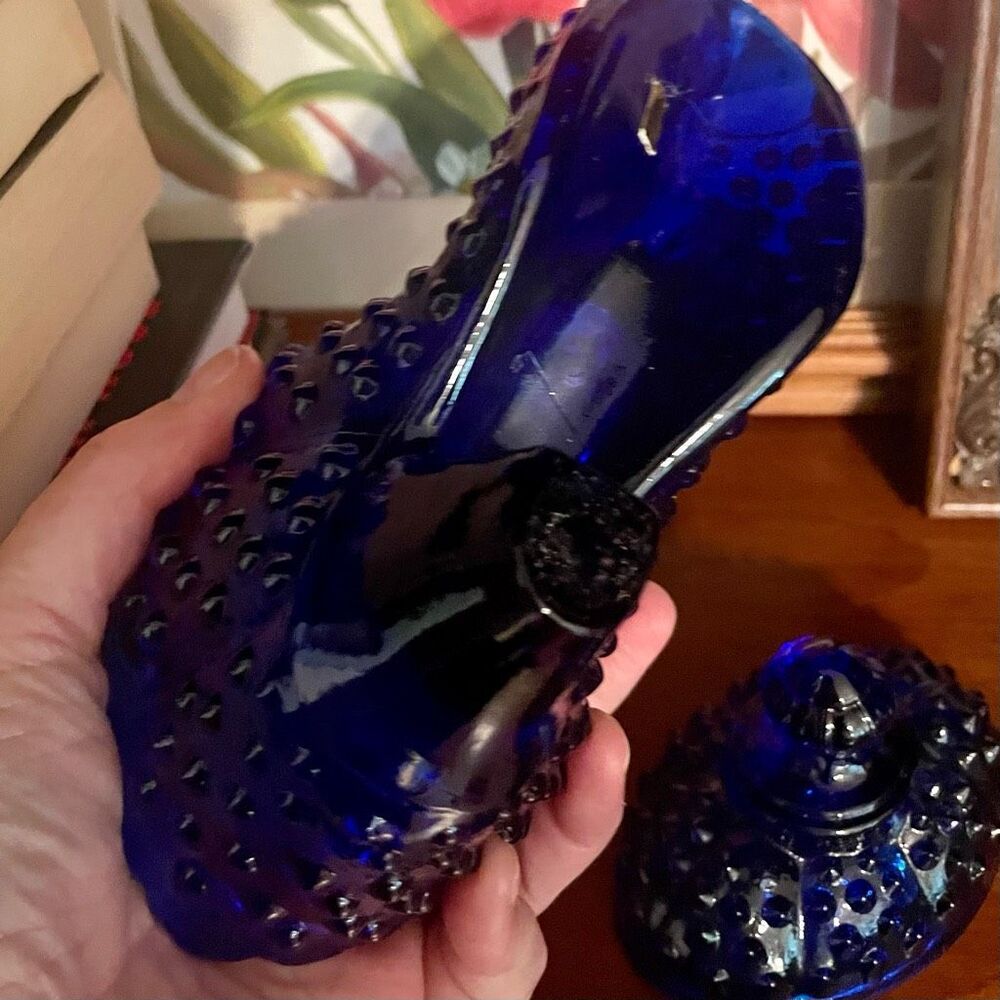 Vintage Fenton Cobalt Blue Victorian Style Glass Hobnail Boot Shoe Covered Candy - Picture 7 of 7